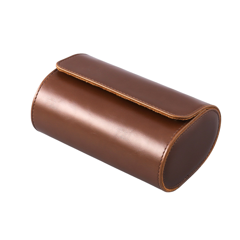 Leather watch travel case, detail of stitching and zipper