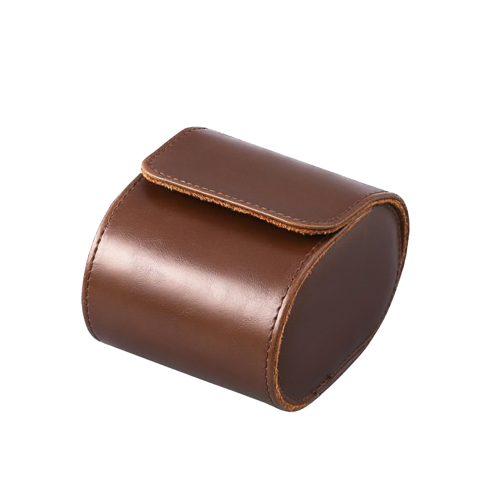 Leather watch travel case, open with padded slots visible